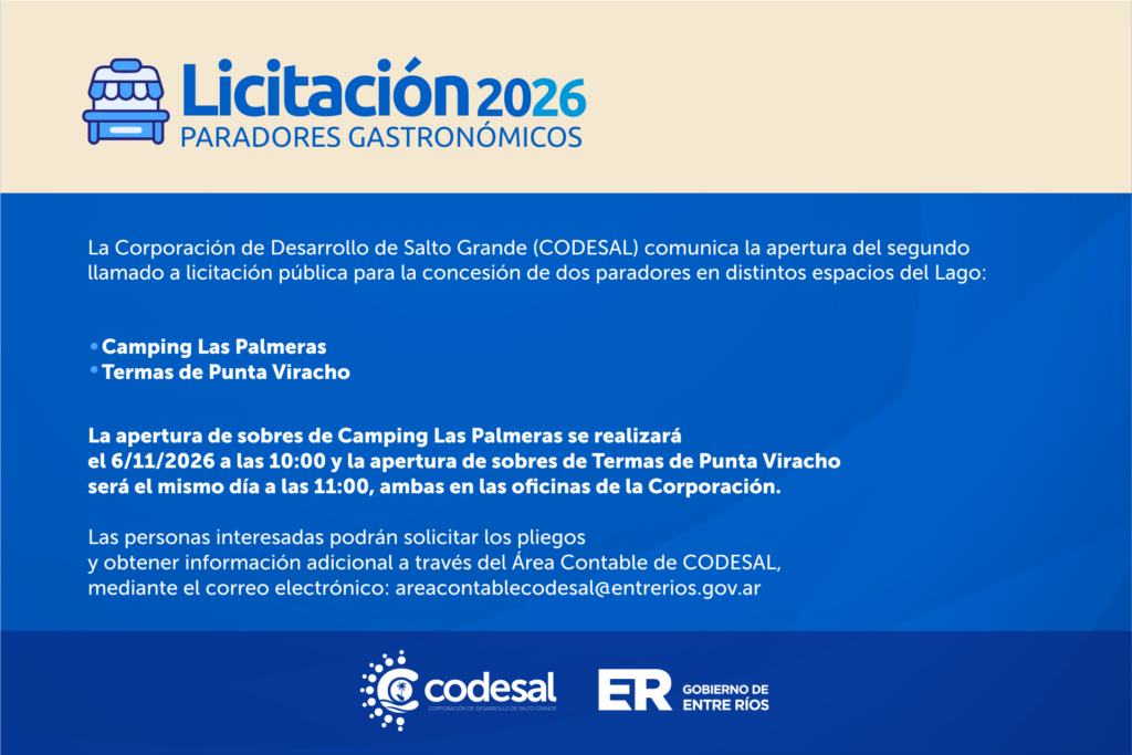 Codesal convocó al segundo llamado a licitación para la concesión de paradores en Salto Grande